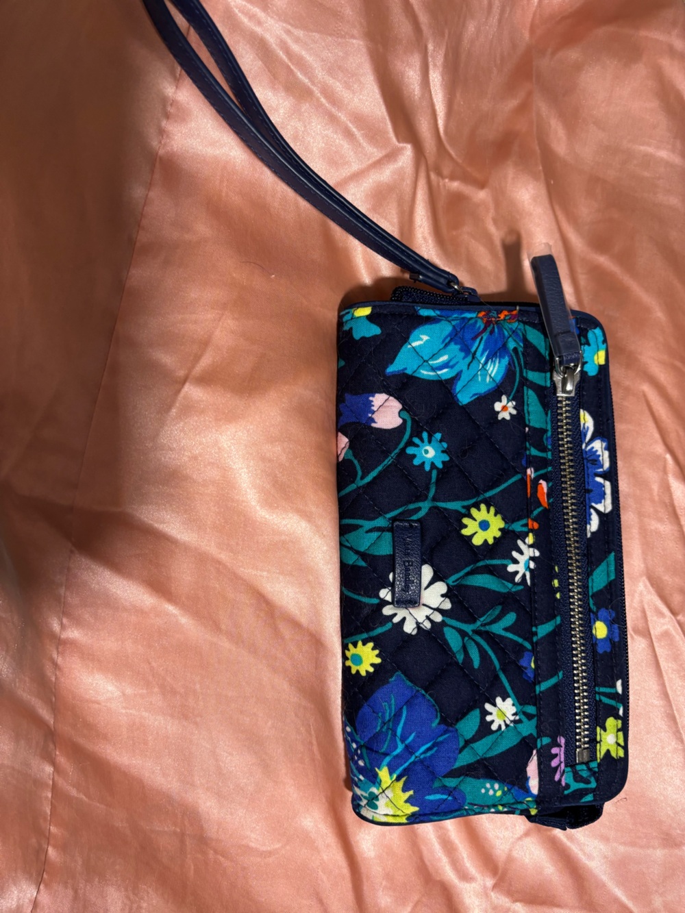 Vera Bradley Navy Quilted Floral Wristlet with Blue & Green Flowers